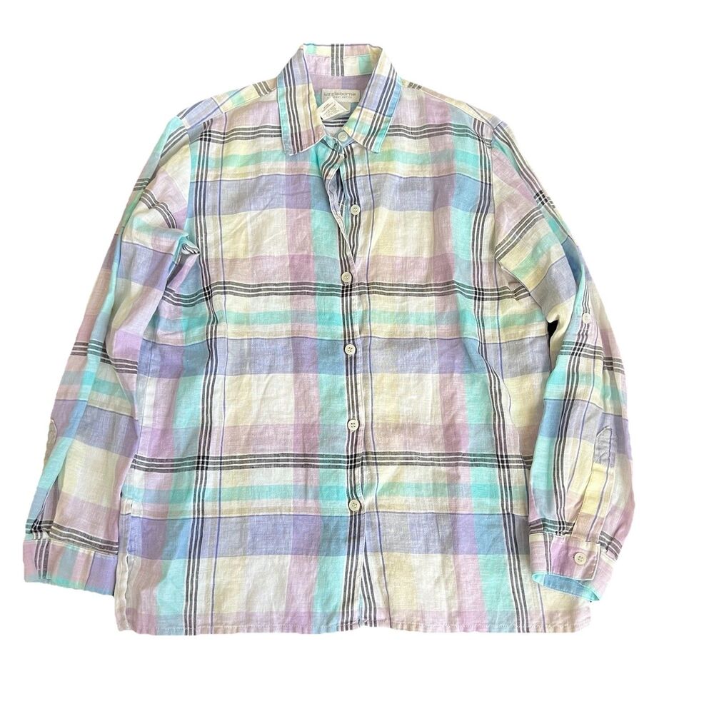 Liz Claiborne Pastel Plaid Shirt‎ Top Pocket Long Sleeve Women's Petite P Linen